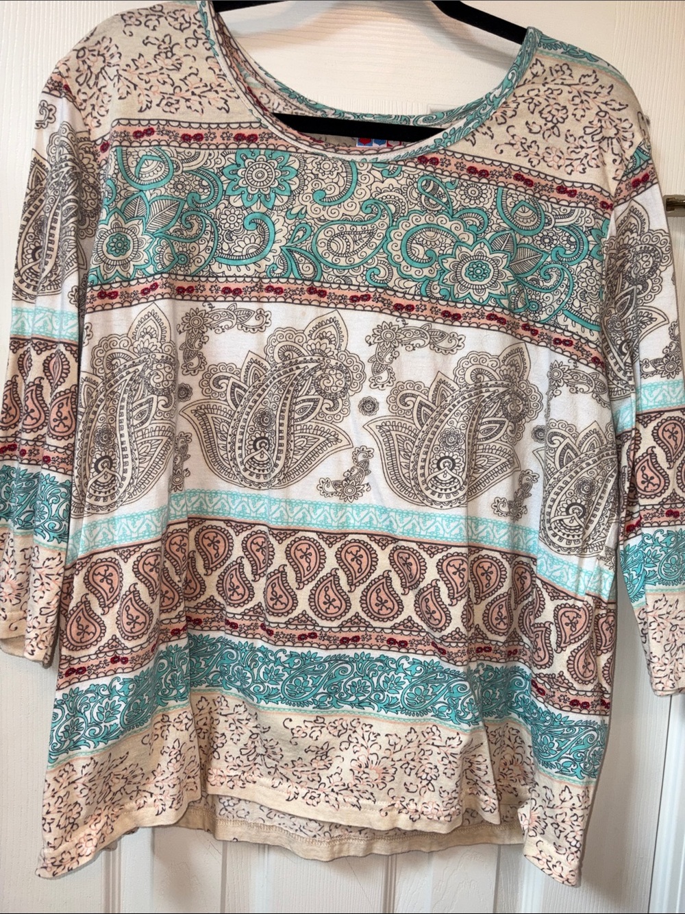 Women's XL Paisley Stripe Scoop Neck Top in Cream and Teal